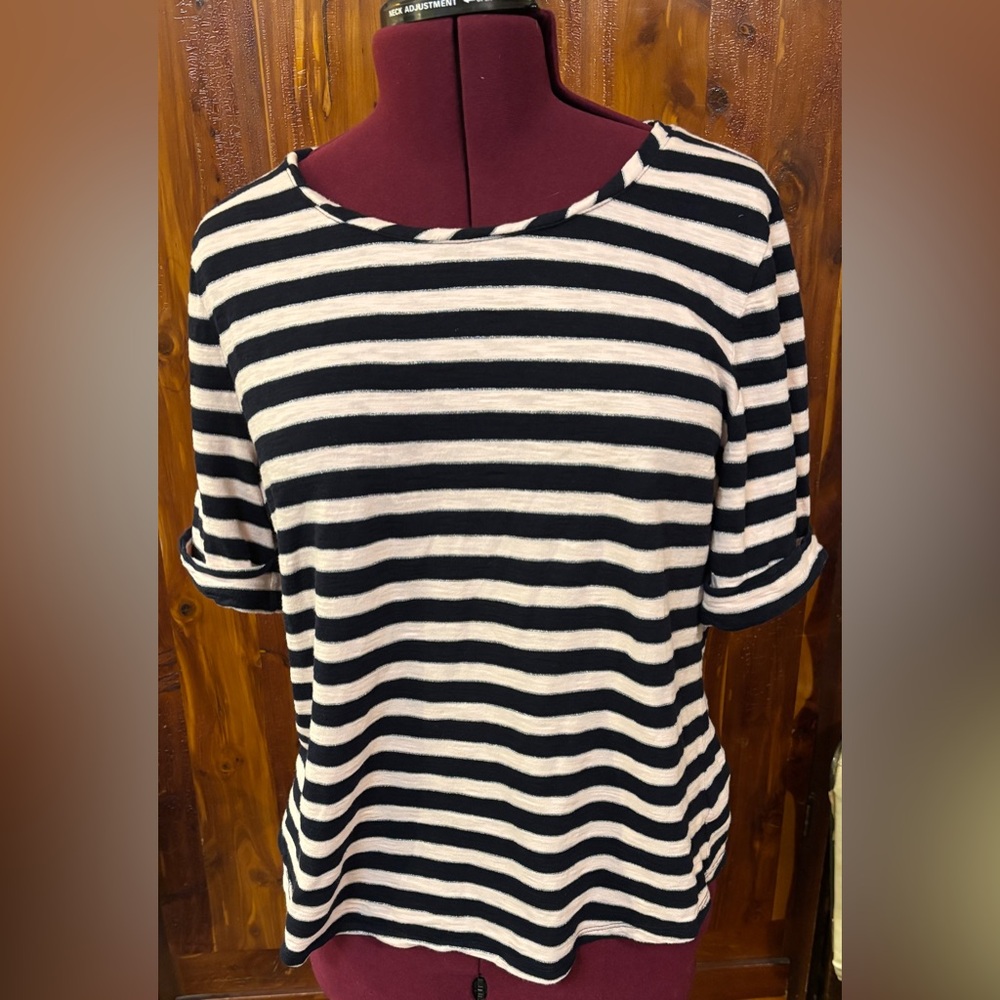 Talbots Stretch Metallic Stripe Tee in Black, Light Pink, Silver